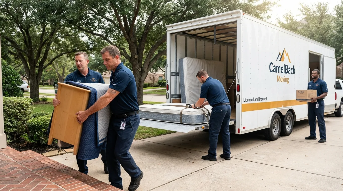 Crew loading residential truck for cross-state move from Pierre Part, LA