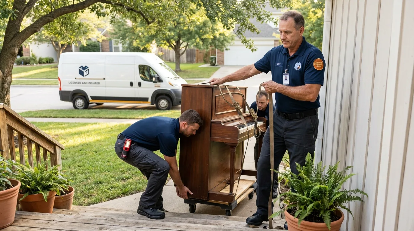 Licensed piano movers securing grand piano in Pierre Part, LA