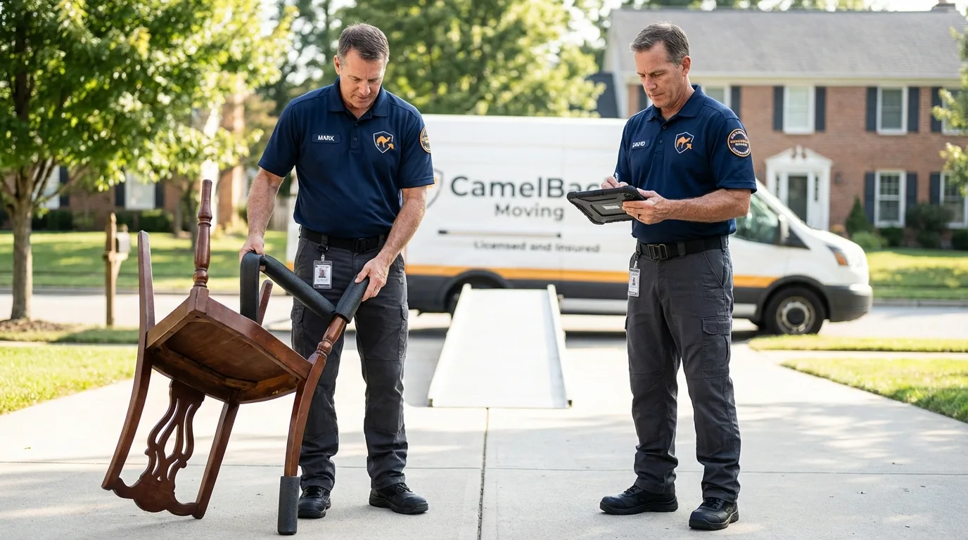 Movers inspecting furniture for damage prevention before loading in Pierre Part, LA