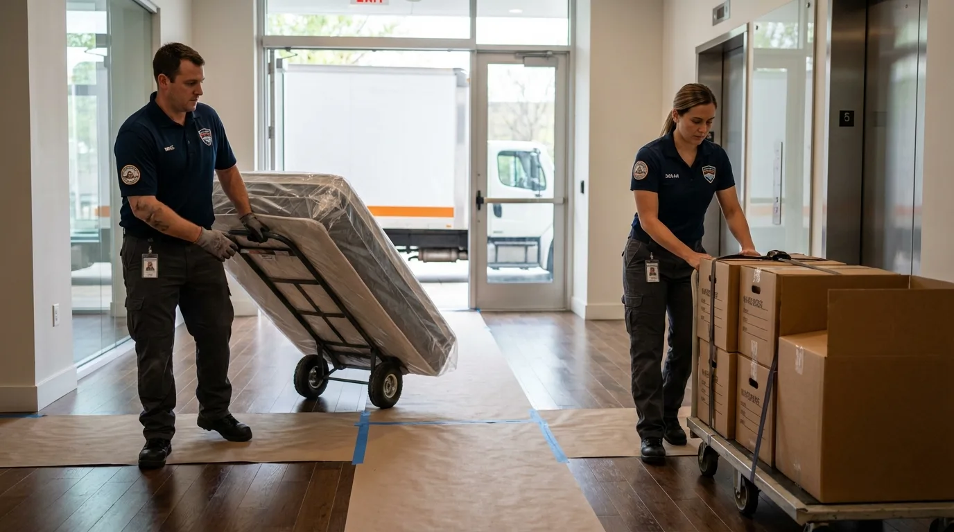 Professional apartment movers loading elevator in Pierre Part, LA